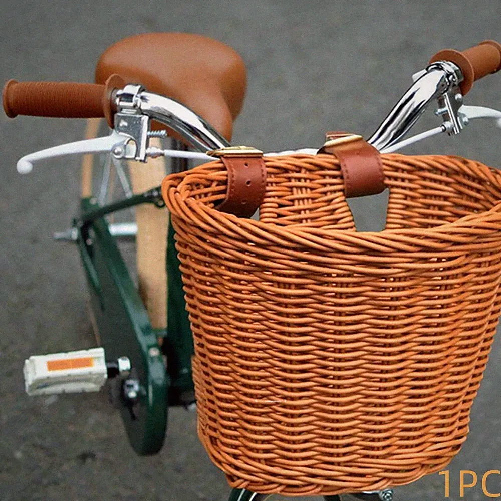 1x Retro Bike Basket Wicker Woven Bicycle Front Basket Handlebar Storage Basket