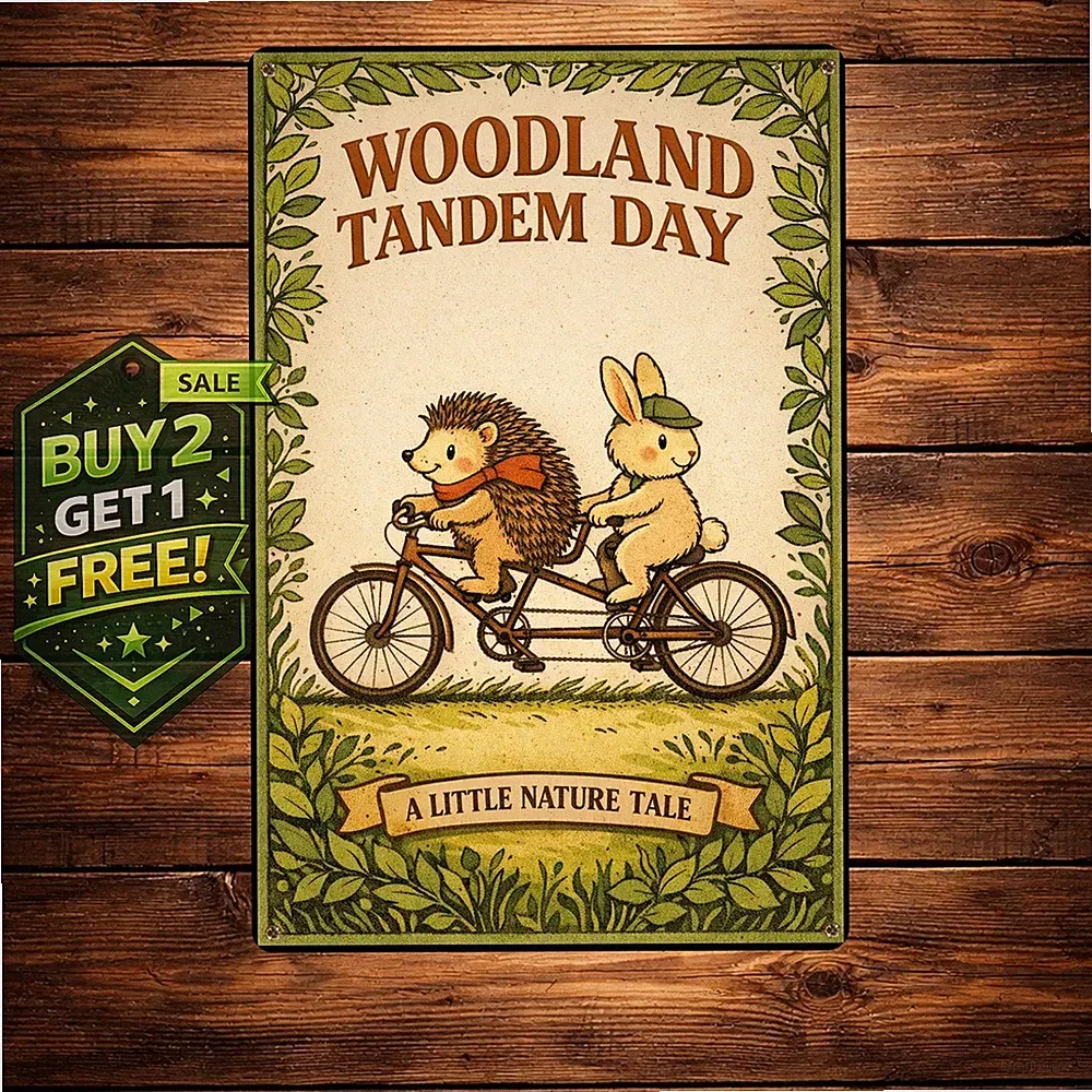 Frog and Toad Tandem Bicycle Vintage Tin Sign 8x12 Retro Storybook Art