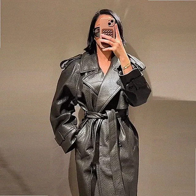 Lemaire Women’s Real Leather Jacket Black Lambskin Trench Long Coat