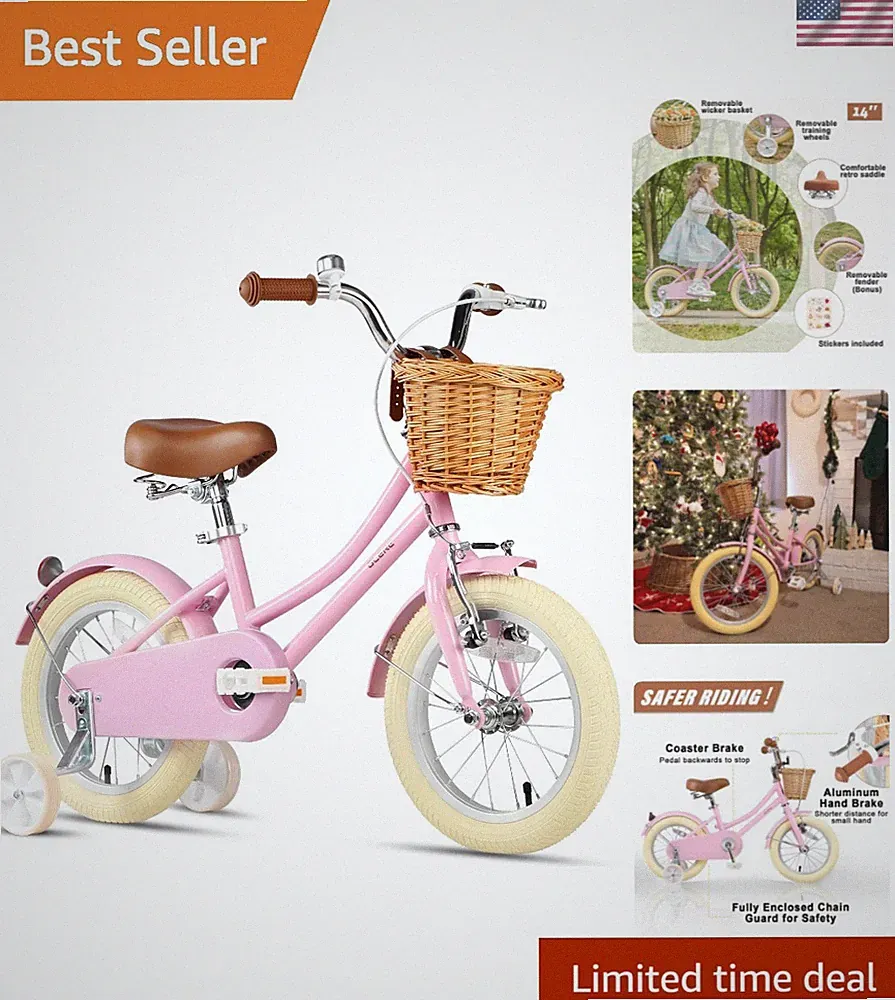 Little Molly 12-20 Inch Kids Retro Cruiser Bike for 2-13 Old with Wicker Bas...