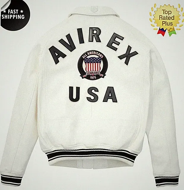 Men Avirex WHITE Real Bomber American Flight Jacket Leather Jacket FAST SHIPPING