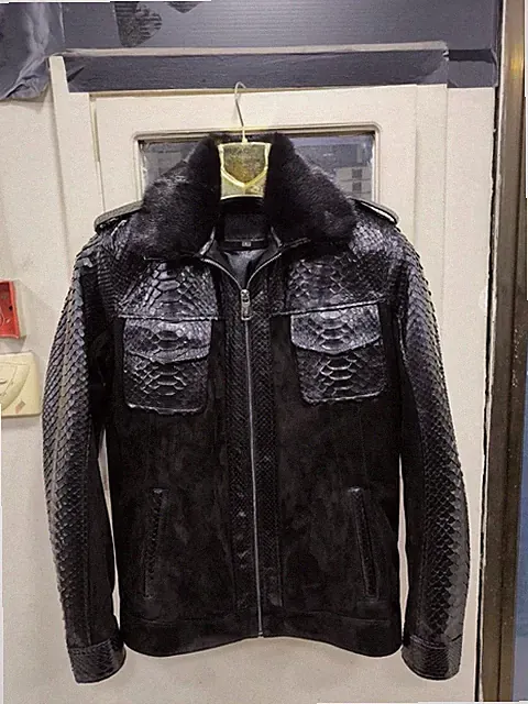 Men's Black Python Snakeskin Suede Leather Jacket Fur Collar Luxury Exotic Coat