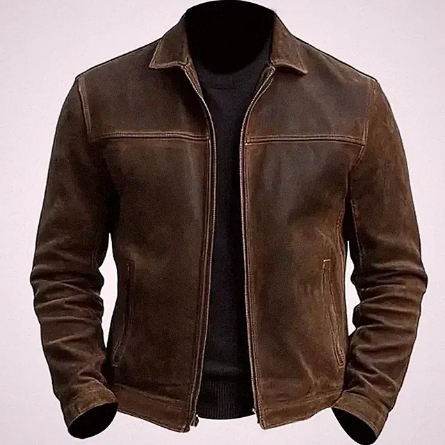 Men’s Distressed Brown Black Café Racer Motorcycle Biker Real Leather Jacket