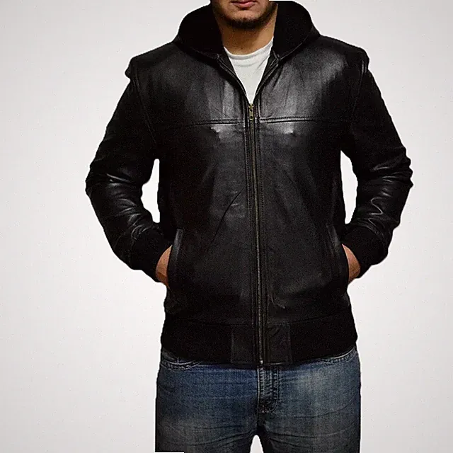 Men's Hooded Leather Jacket Real Lambskin Black Bomber Biker Motorcycle Jacket