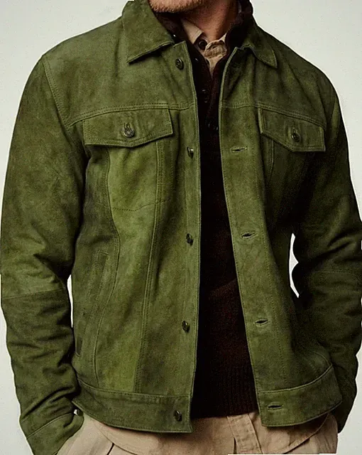 Mens Genuine Suede Leather Trucker Jacket Olive Green Button Front Coat Handmade