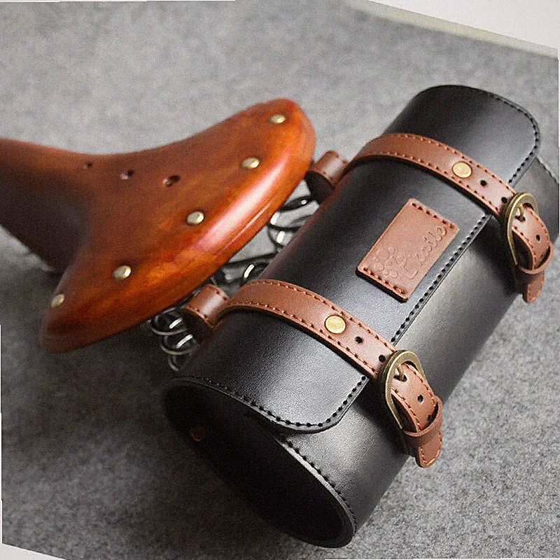 Retro Bike Dark Brown Saddle Bag Vintage Leather Bicycle Rear Seat Bag Pannier
