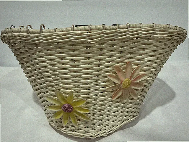 Vintage 1970's Bike Basket Flowers Woven Plastic Retro Wicker Straps Handlebar
