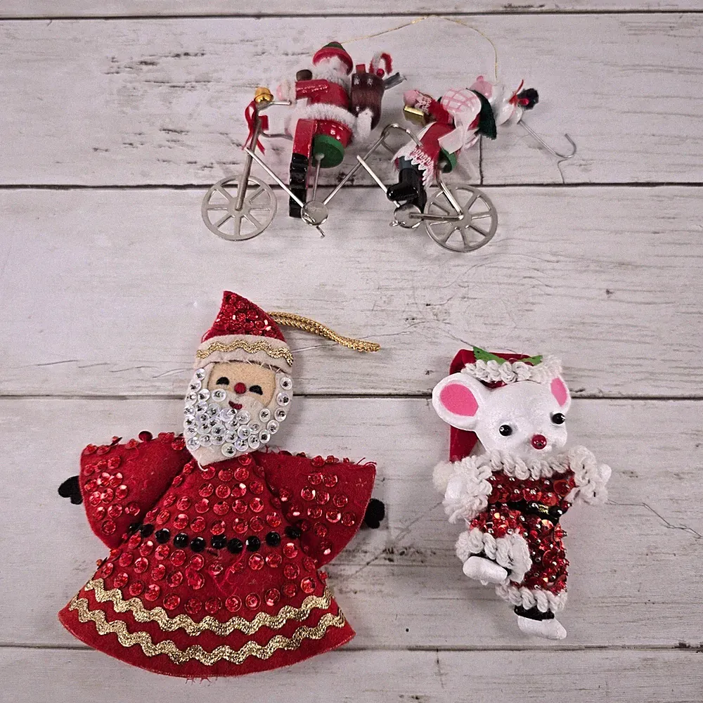 Vintage Christmas Ornaments Lot Santa Tandem Bicycle Sequined Felt Mouse Retro