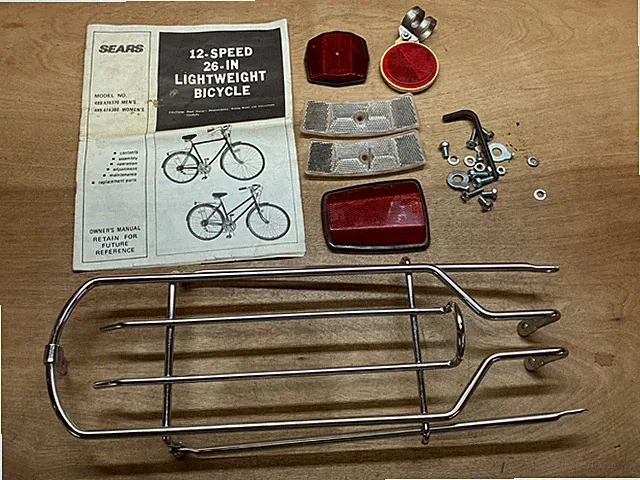 Vtg Sears 1970s Adjustable 26" Bicycle Carrier Rear Rack + Reflectors + Manual