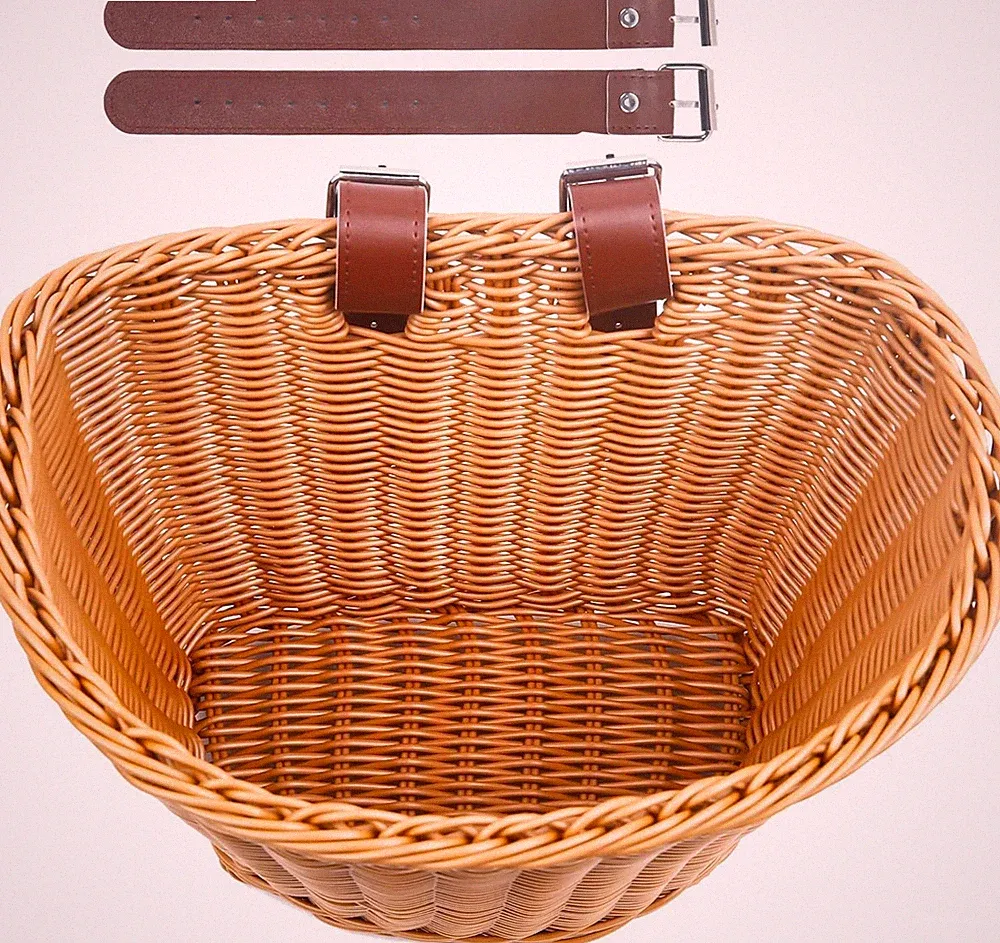 Woven Plastic Retro Bike Basket Bicycle Handlebar Storage 2 Leather Straps